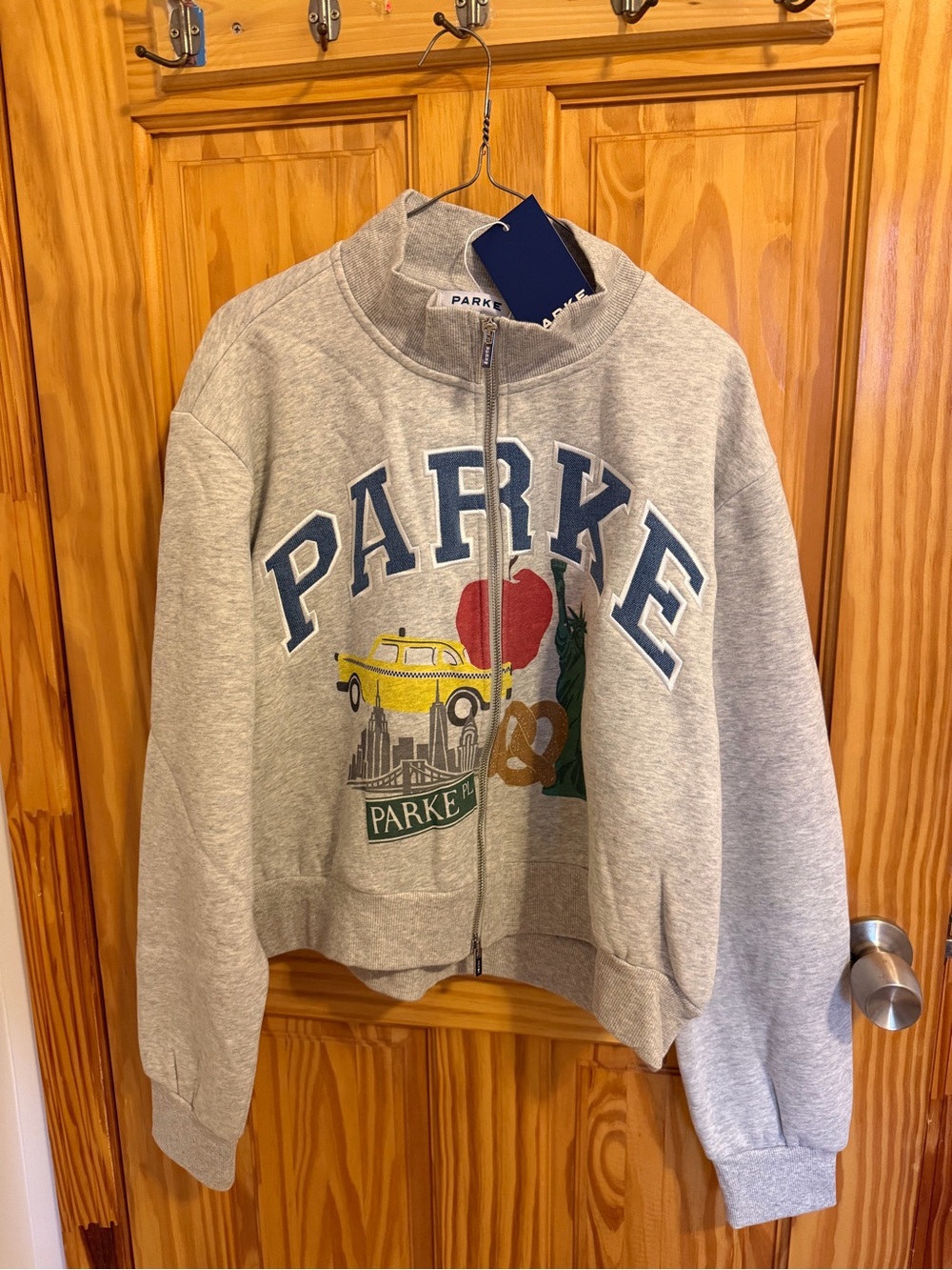 Parke NYC Pop Up Gray Zip-Up Graphic NYC Mockneck Denim Letters S/M